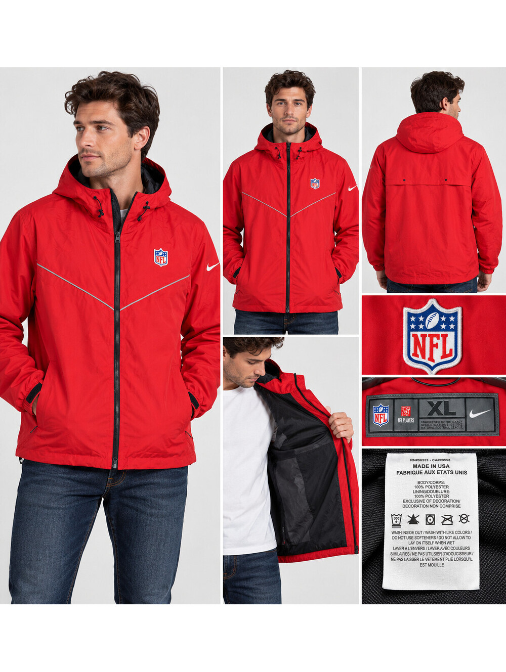 Nike NFL Players On Field Jacket Mens XL Red Hooded Sideline Made in USA NWOT